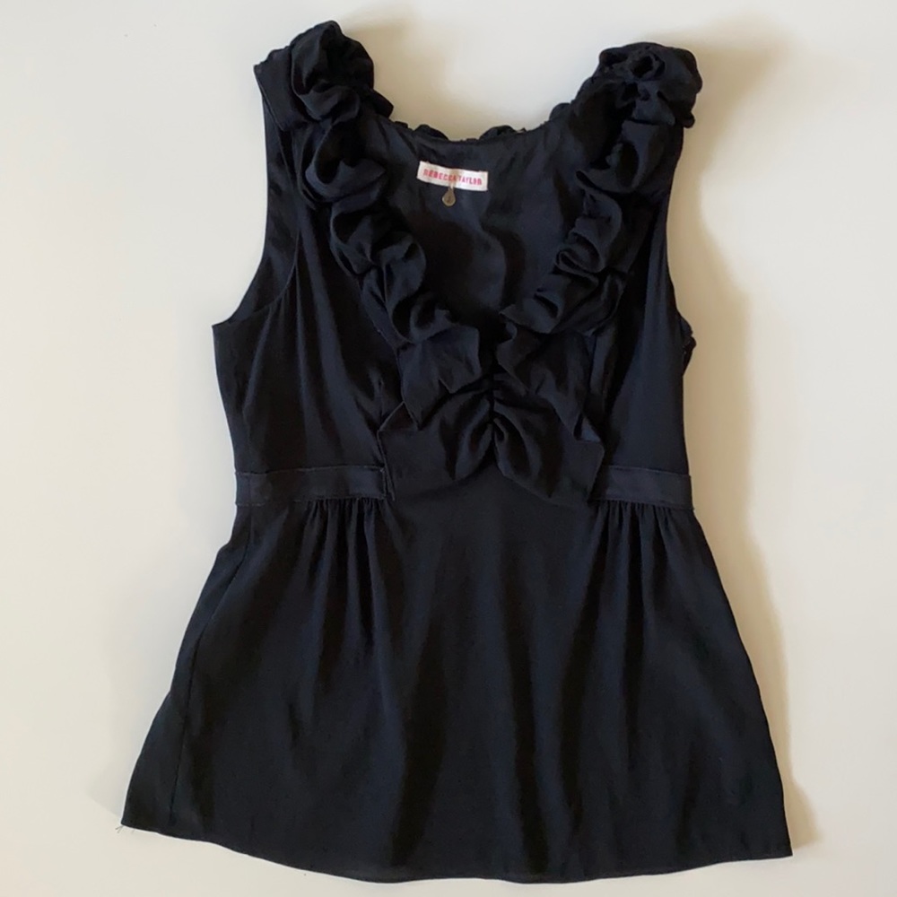 Rebecca Taylor Black Stretch Silk Ruffle Trim Sleeveless Top - Picture 2 of 10
